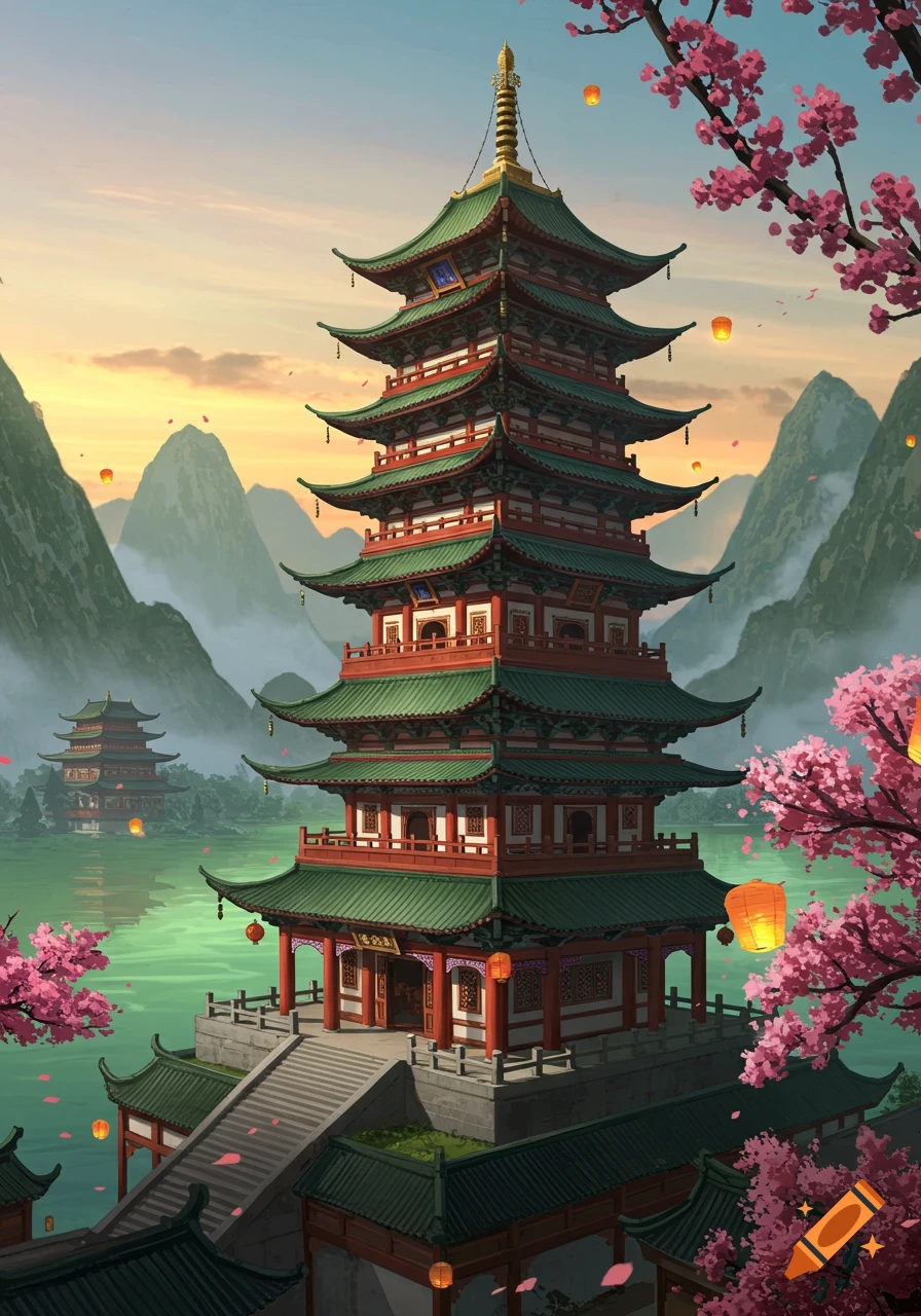 A majestic multi-tiered pagoda stands by a serene lake with misty mountains and pink cherry blossoms at sunset, in an art style.