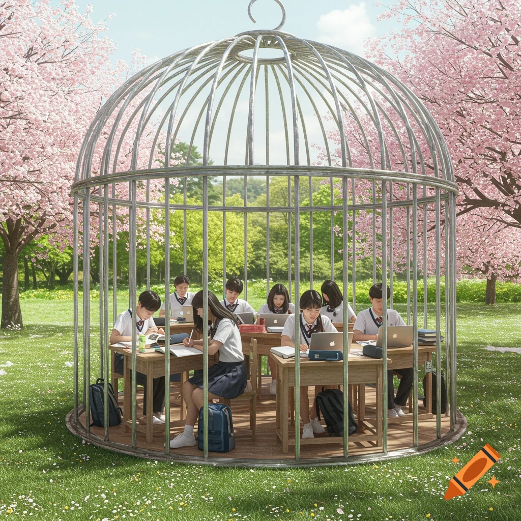 Korean high school students study at desks inside a giant birdcage in a park with cherry blossom trees.