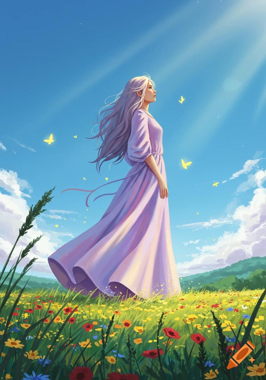 Digital painting of a woman with long white hair in a purple dress standing in a sunny meadow with wildflowers, looking up at the blue sky.