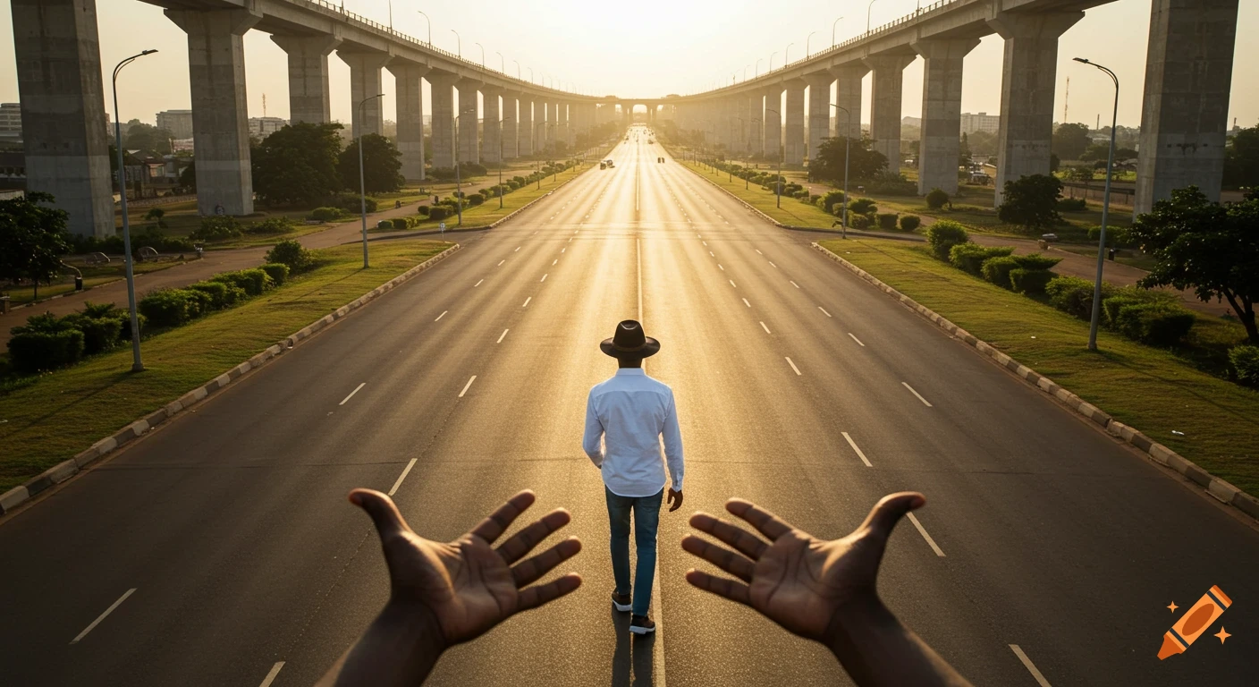A man in a white shirt and hat walks down an empty highway, framed by two large hands in the foreground, under a bridge at sunset.