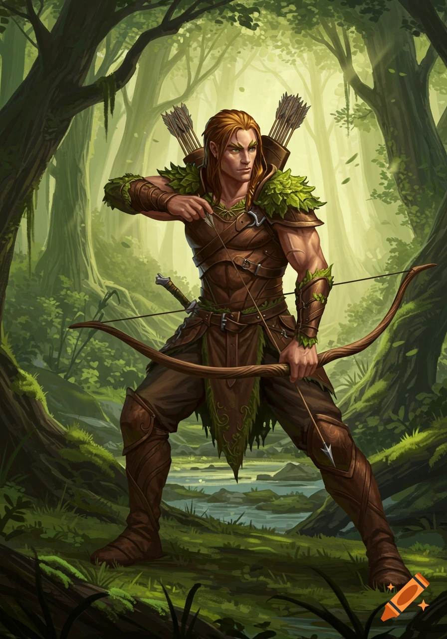 Male forest archer in leafy armor draws a bow in a lush green forest with a stream, illustration.