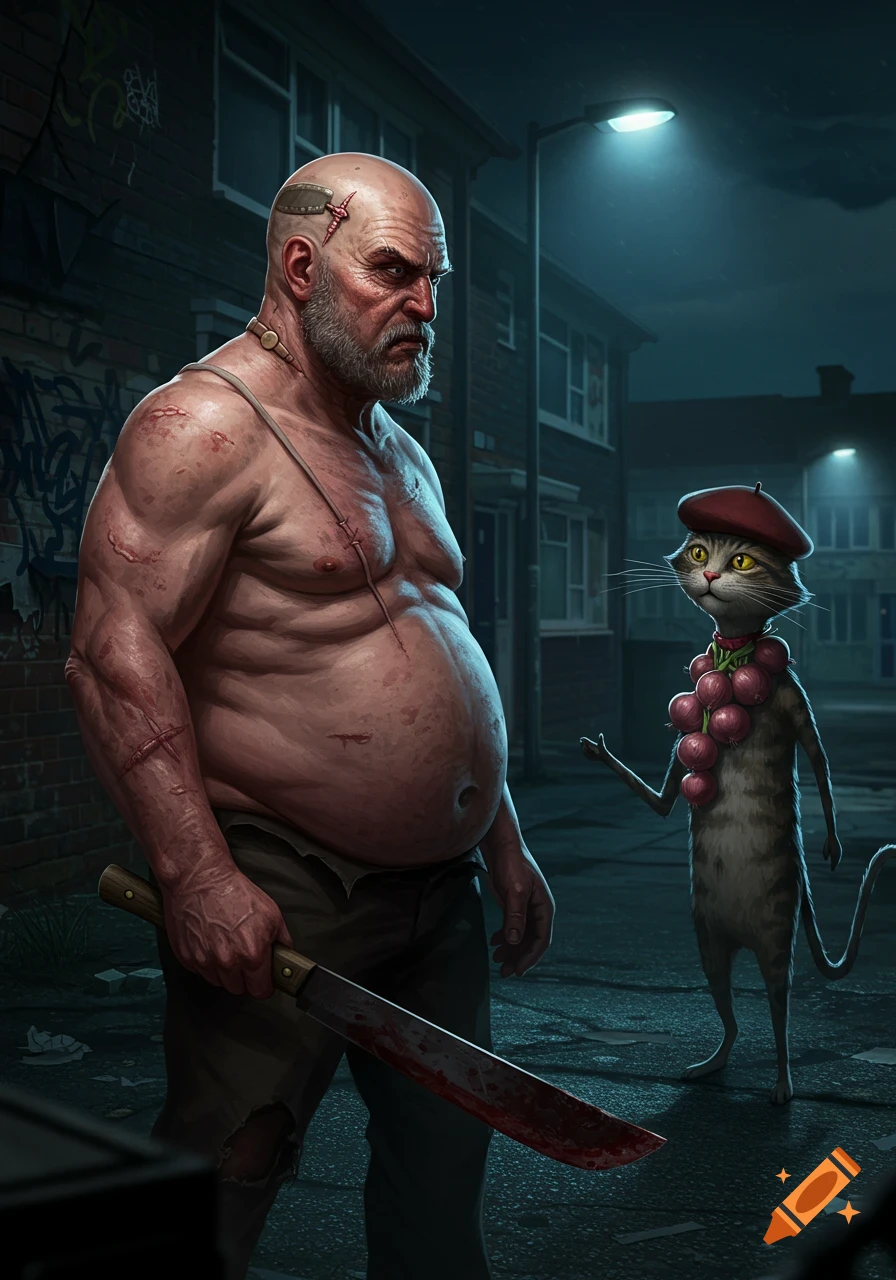 A large, scarred man with a bloody machete confronts an anthropomorphic cat wearing a beret and onions in a dark urban alley.