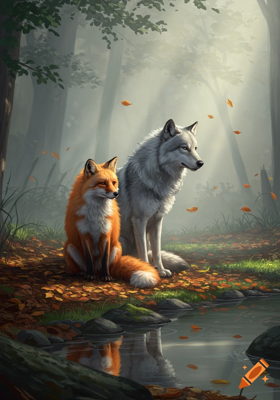 A red fox and a grey wolf sit next to each other by a forest stream with autumn leaves and misty light.