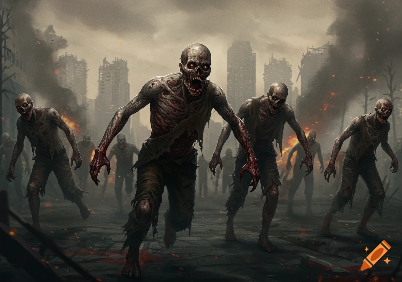 A group of gruesome zombies with glowing eyes runs towards the viewer through a smoky, ruined city in a dark fantasy art style.
