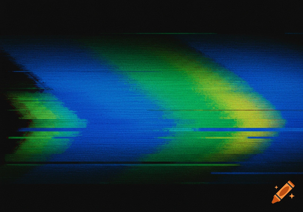 Abstract blue, green, and yellow shapes with horizontal lines and static on a black background, resembling a distorted videotape.