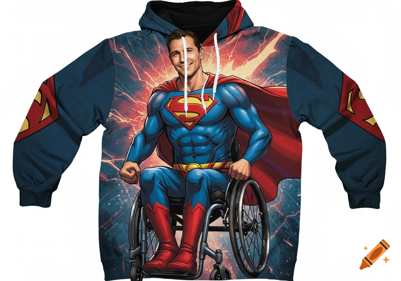 A graphic hoodie featuring a comic art style print of Carsten Linnemann as Superman in a wheelchair, with a dynamic energy background.