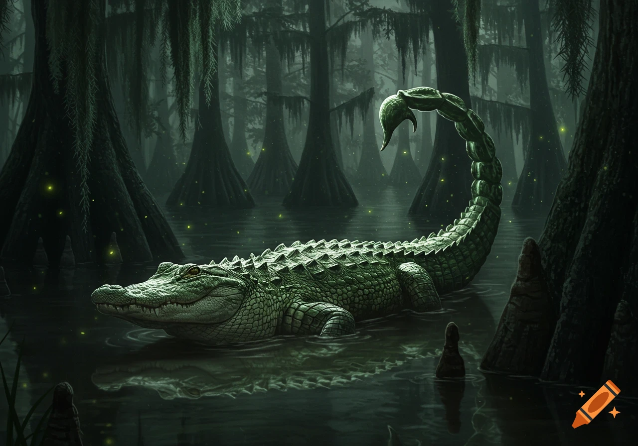 A green alligator with a scorpion tail lurks in a dark, misty swamp with cypress trees and glowing fireflies.