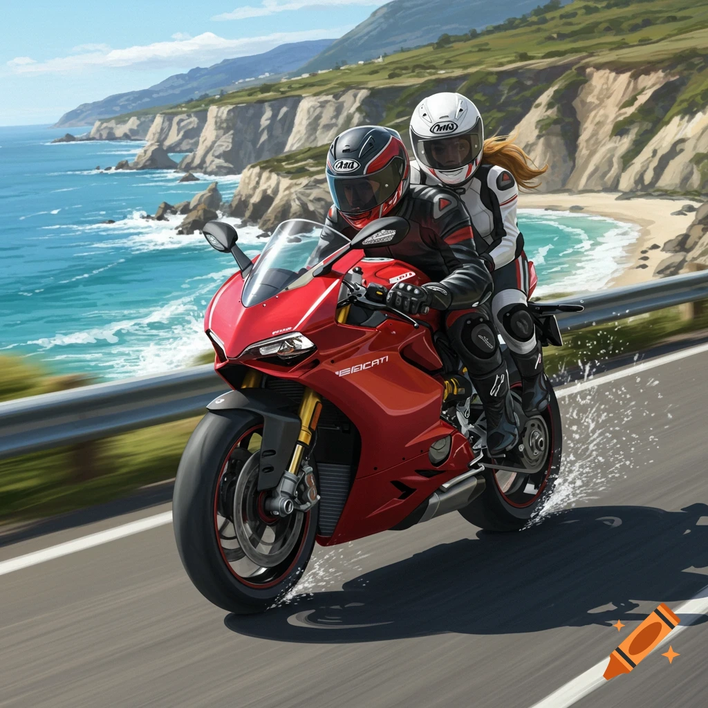 A man and woman ride a red Ducati Panigale motorcycle on a scenic coastal highway.