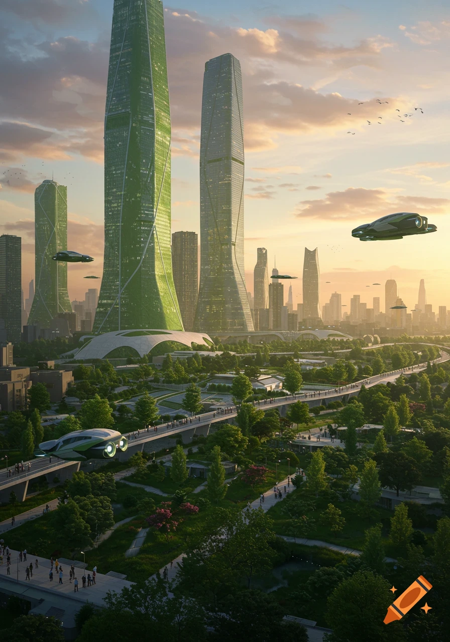 A futuristic green city with towering skyscrapers, lush parks, and flying vehicles under a bright, cloudy sky at sunset.