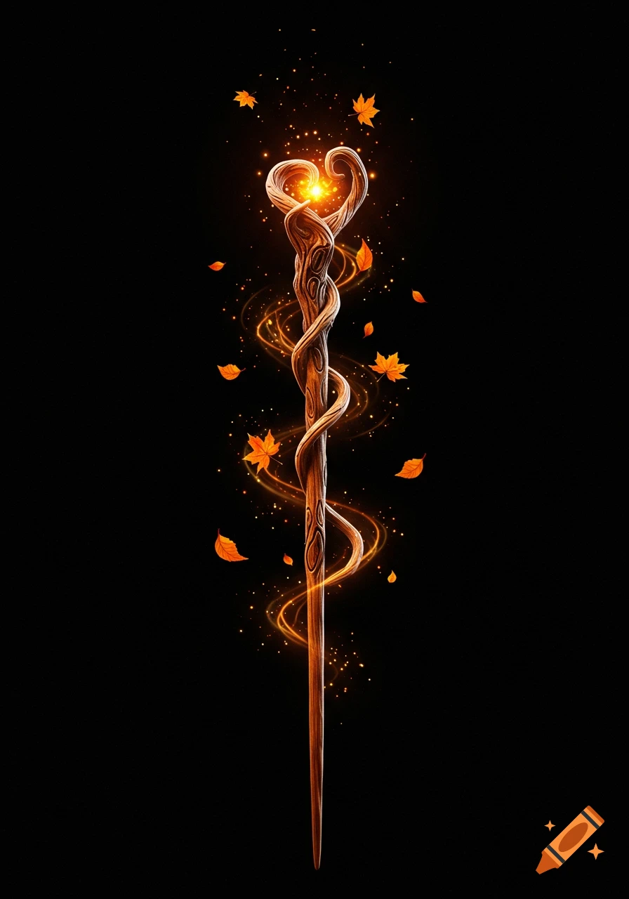 A glowing wooden magic wand with a heart-shaped top, entwined with golden energy and falling autumn leaves, on a black background.