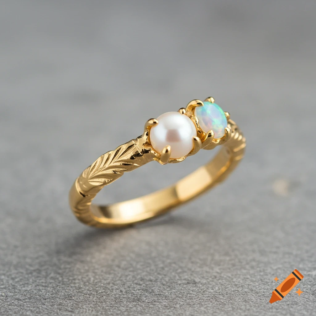 Close-up of a gold ring with a round pearl and a small opal stone on a textured band.