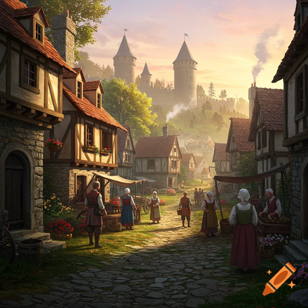 A vibrant medieval village scene with people on a cobblestone path, half-timbered houses, market stalls, and a distant castle at sunset.