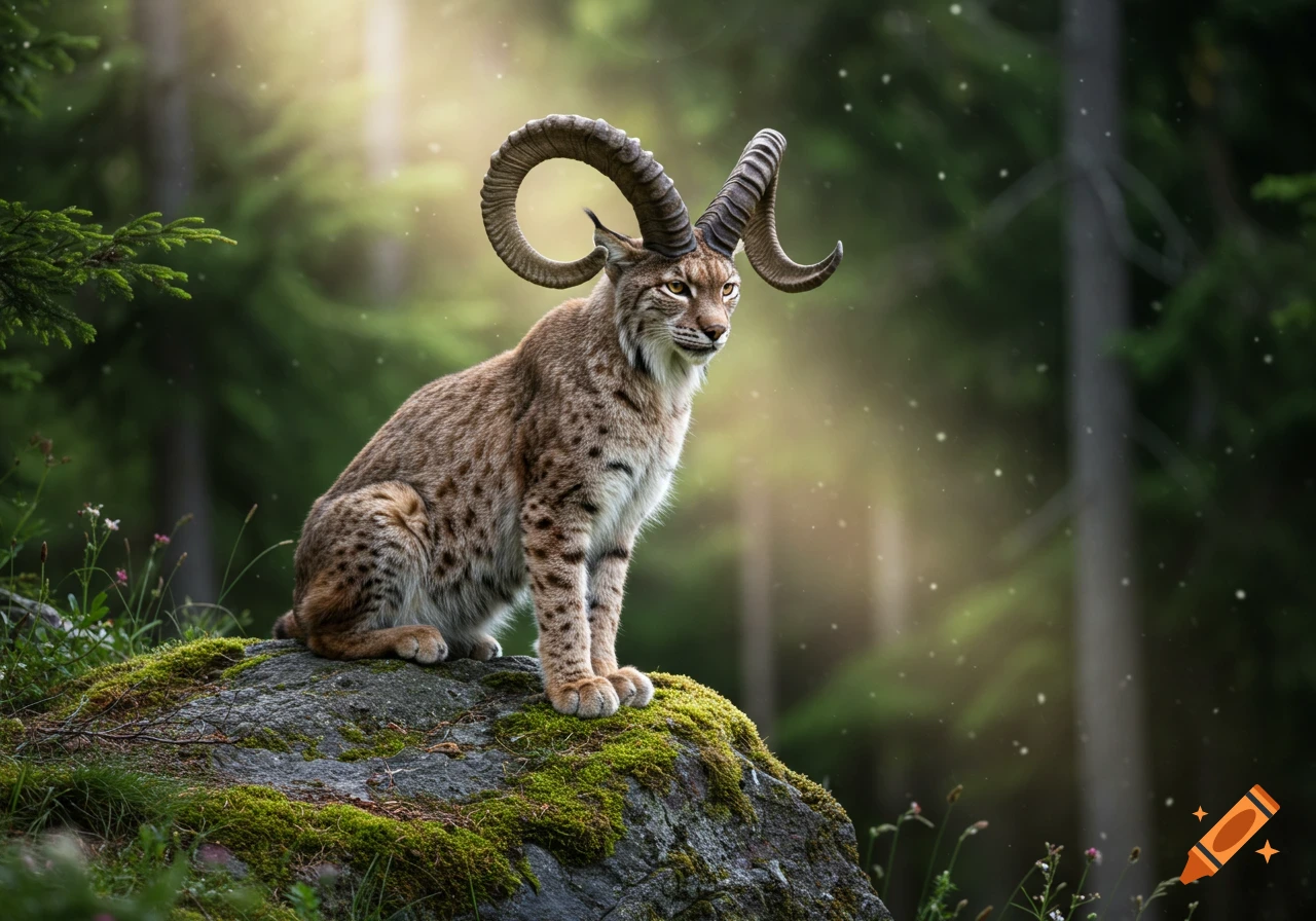 A photorealistic lynx-goat hybrid with large curved horns sits on a mossy rock in a sunlit forest.