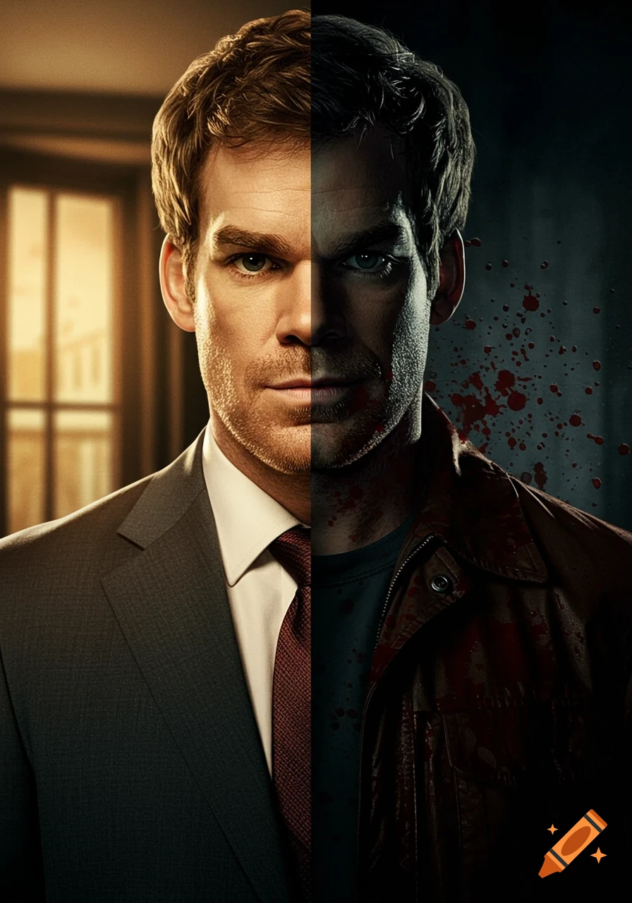 Split portrait of Dexter Morgan: left side calm in suit, right side intense, blood-spattered in jacket.