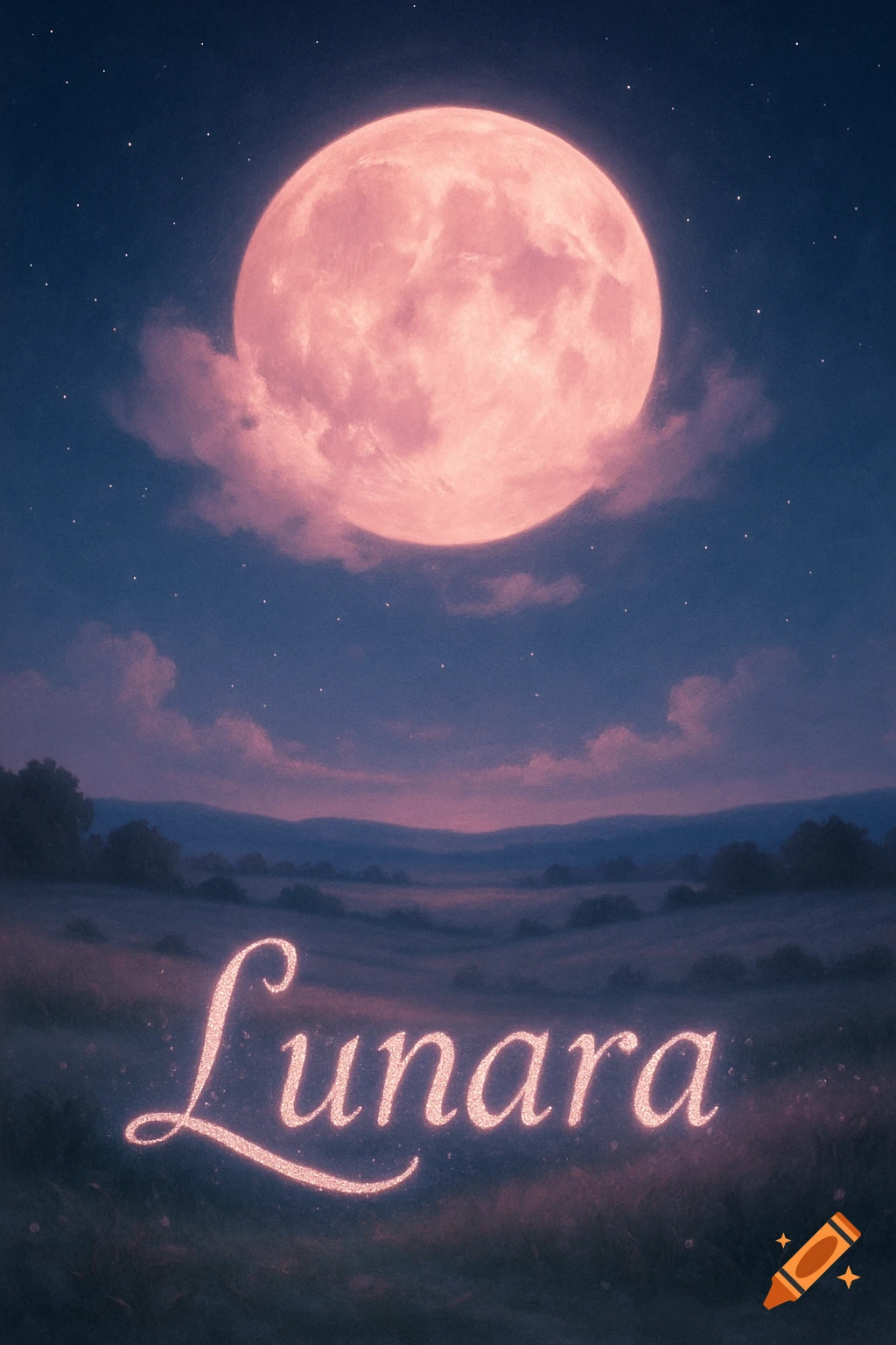 A large pink full moon illuminates a starry night sky over a tranquil landscape with the glowing word 'Lunara' in the foreground.