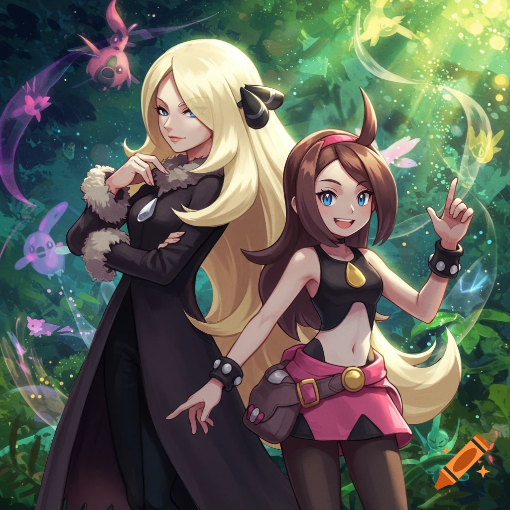 Anime illustration of Cynthia and a brown-haired trainer posing in a lush green forest with floating Pokemon.