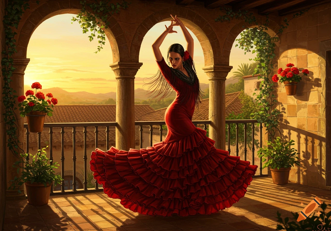 A vibrant illustration of a flamenco dancer in a red ruffled dress, arms raised, on a sunlit balcony with arches overlooking a landscape.