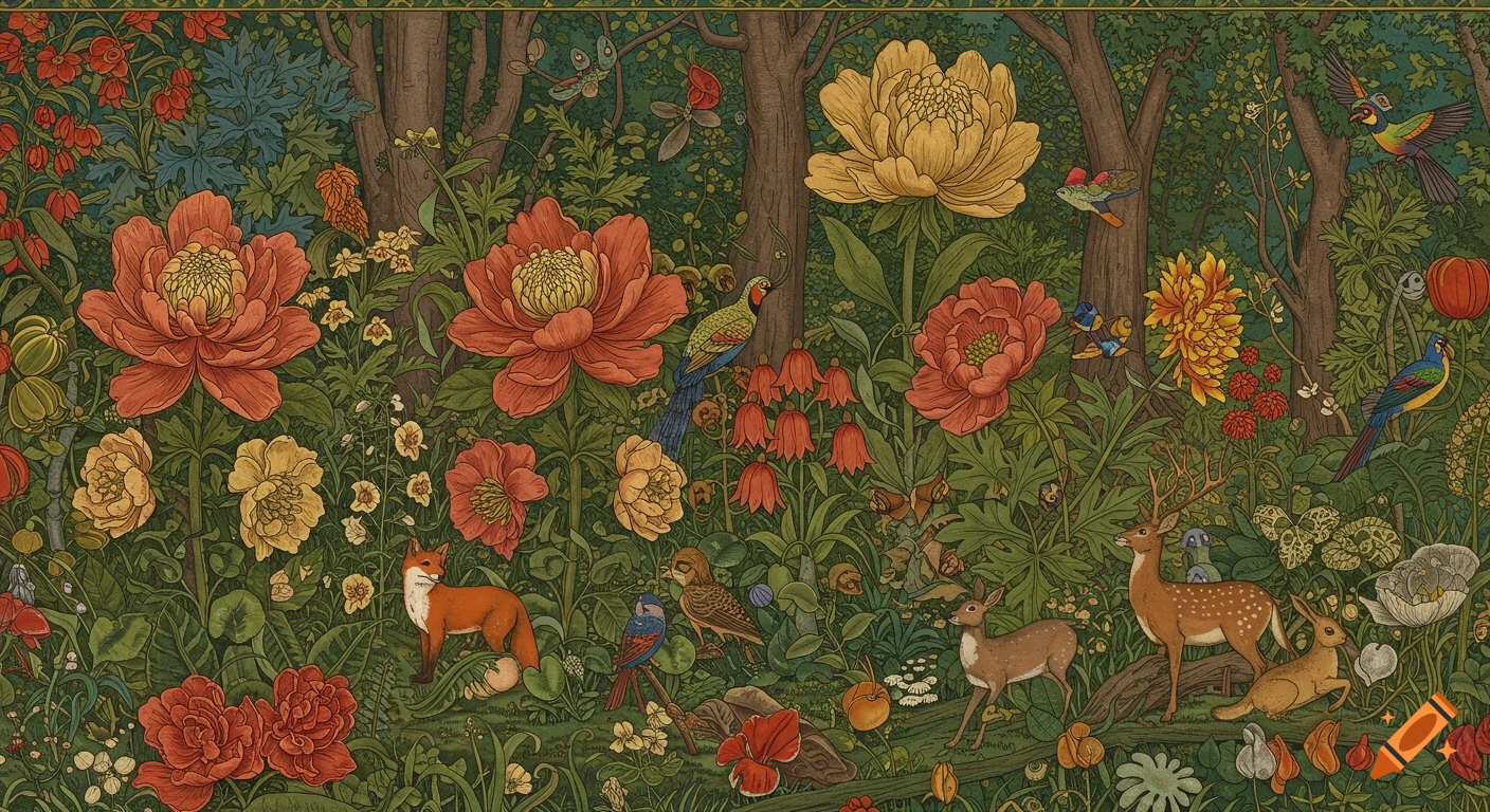 A vibrant vintage chromolithograph illustration of a lush forest with colorful flowers, birds, foxes, deer, and rabbits.