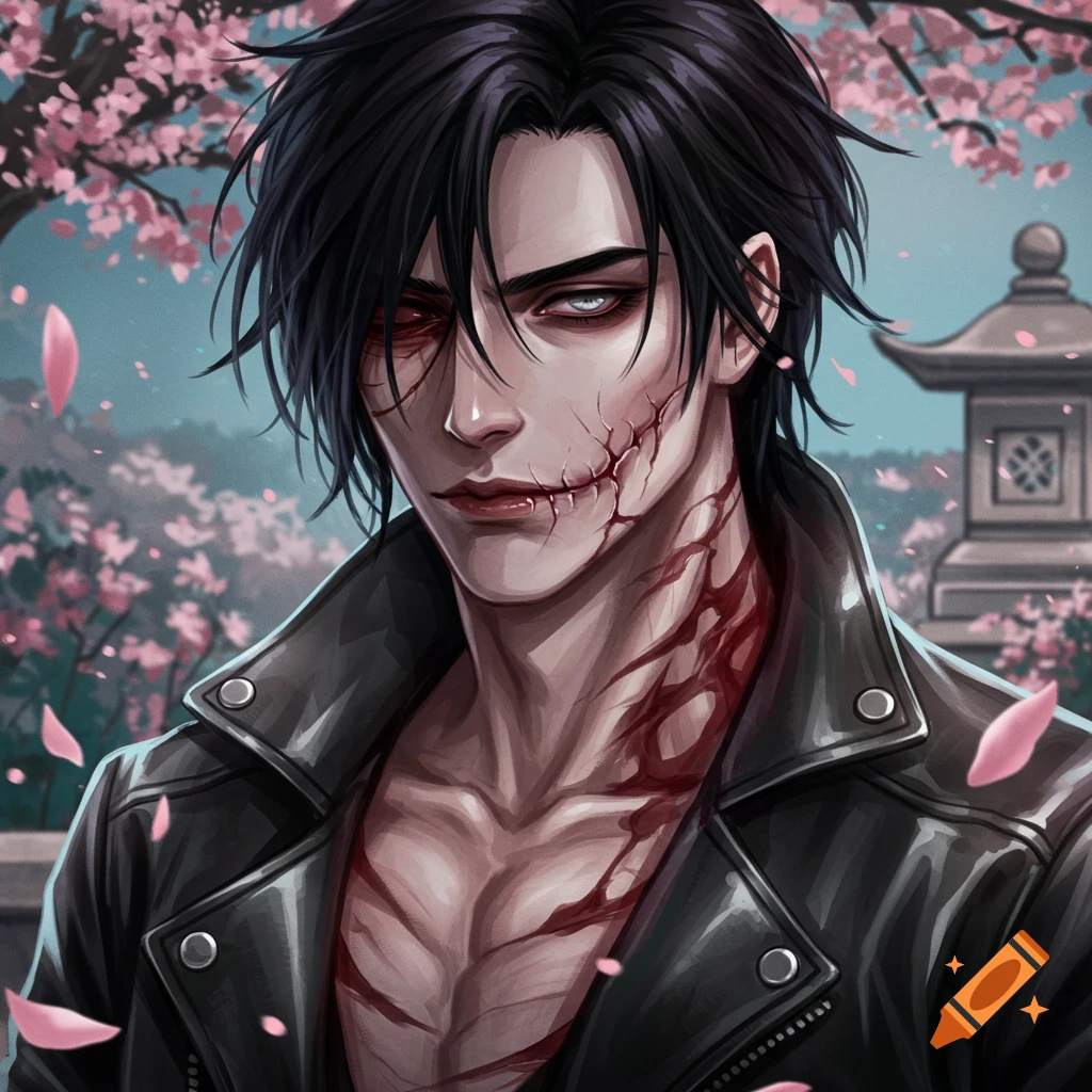 Manga style portrait of a raven-haired man with severe facial and neck scars, a blinded eye, and a leather jacket, with cherry blossoms.