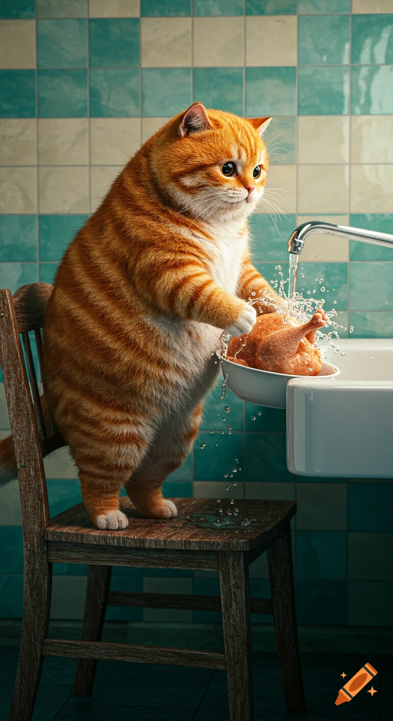Chubby orange tabby cat standing on a chair, washing a whole chicken under a faucet in a sink. Realistic photography.