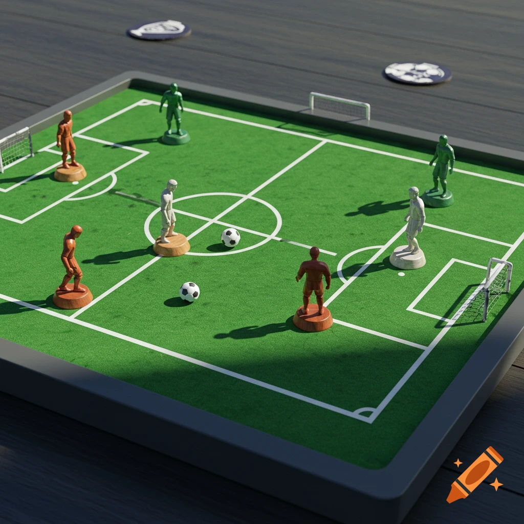 A photorealistic close-up of a tabletop soccer game with miniature players and two soccer balls on a green field.