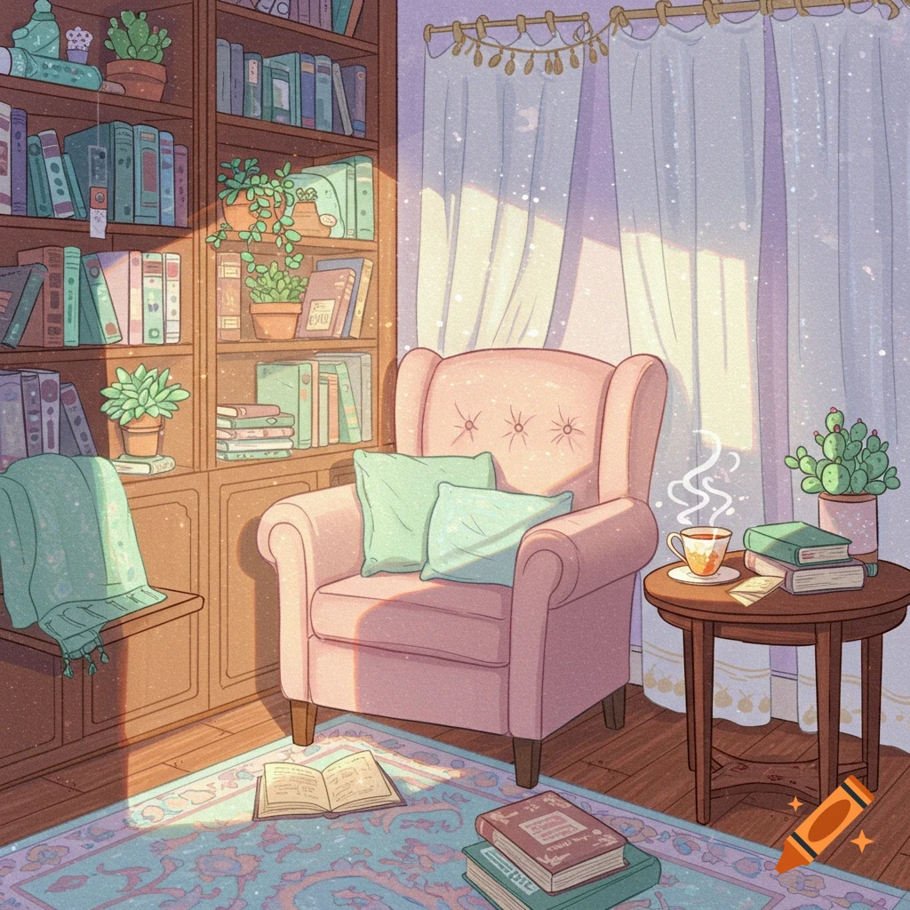 A cozy, pastel-colored room with a bookshelf, pink armchair, and steaming tea on a side table, bathed in sunlight.