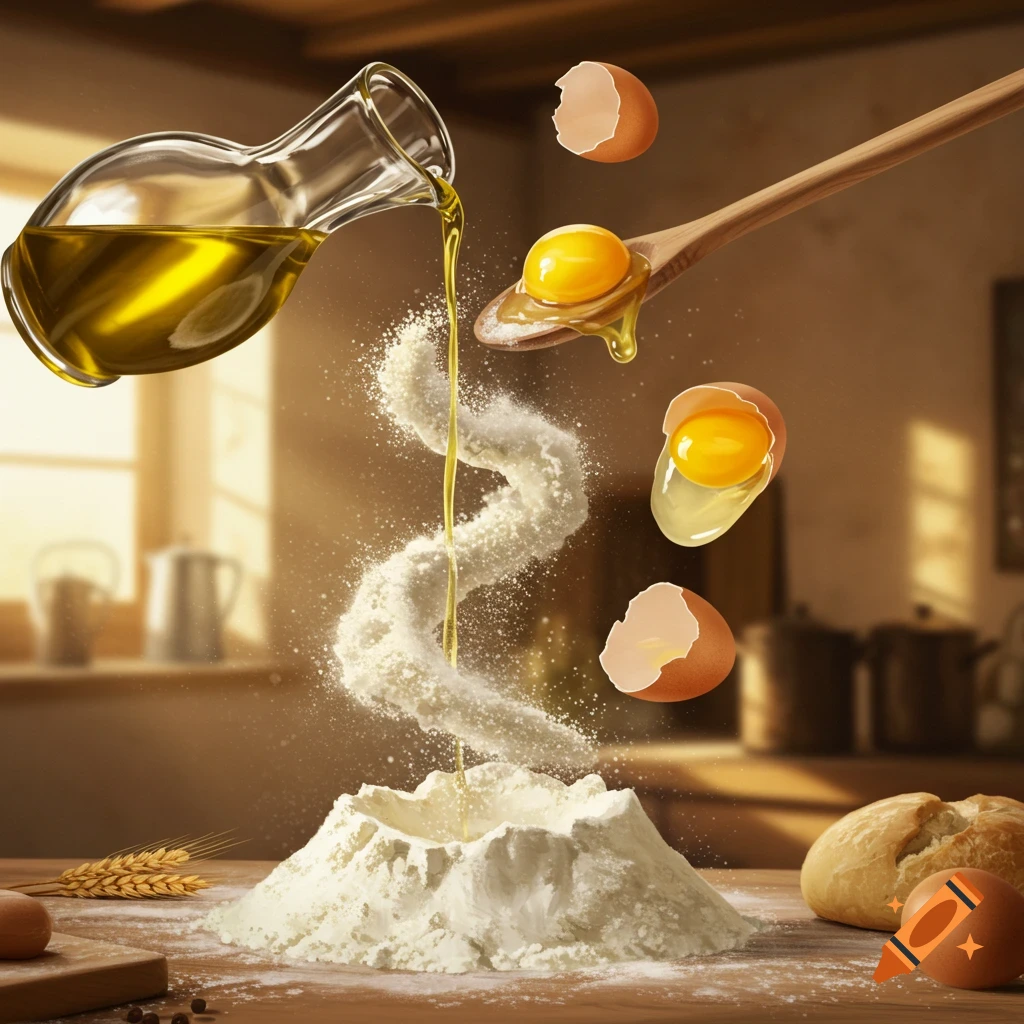 Olive oil pouring into a mound of flour, with cracked eggs and eggshells floating around, in a warm kitchen setting.