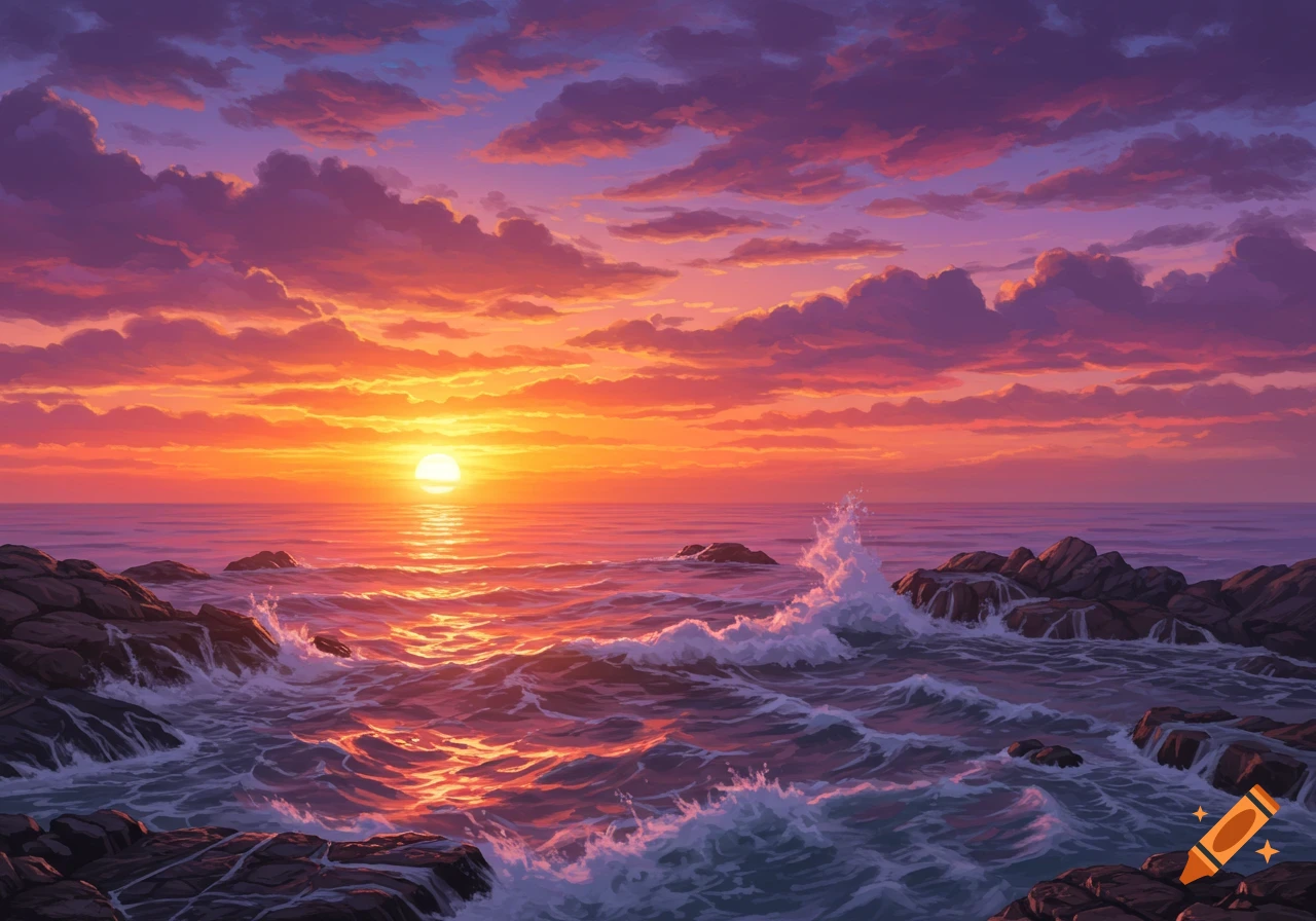 Vibrant sunset over a rough sea with waves crashing on rocky shores, in an illustrative style.