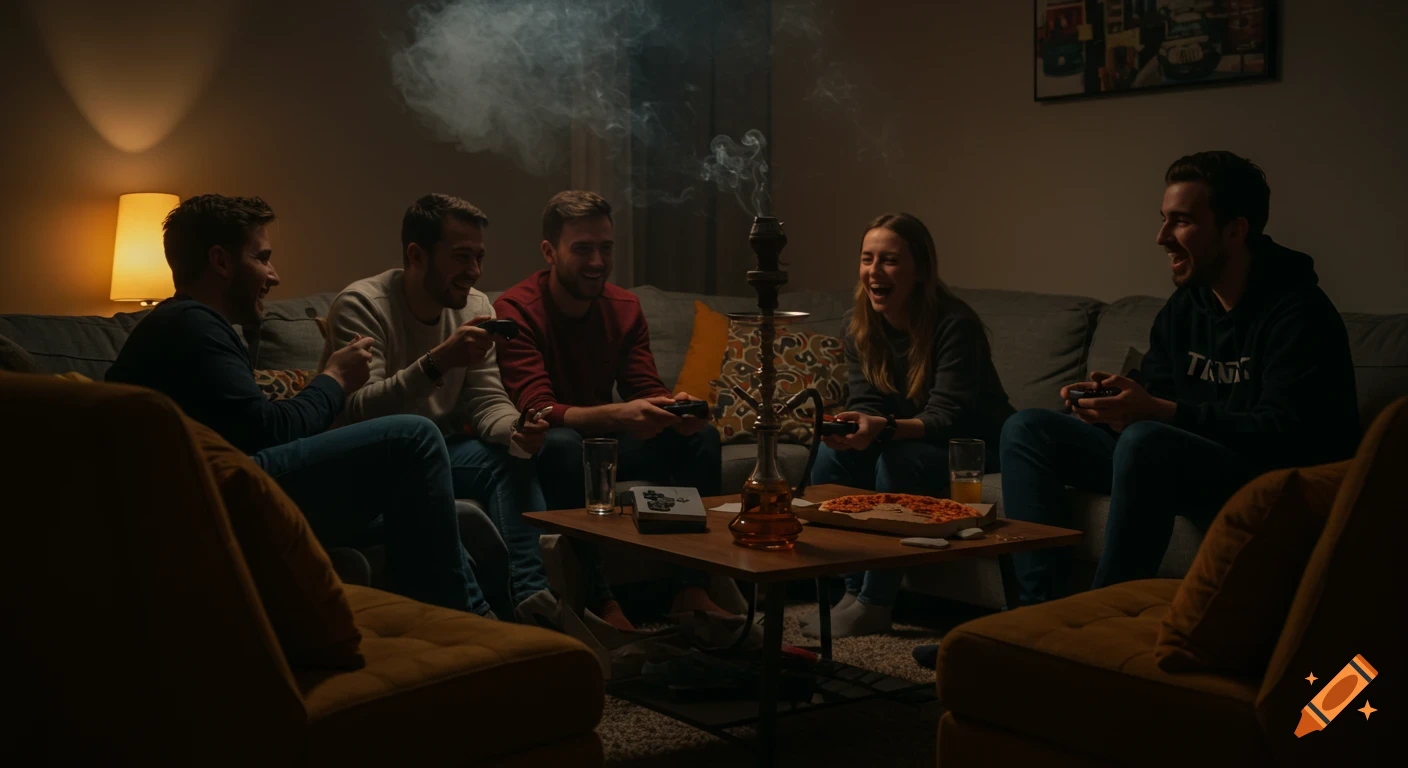 Five friends sit on a U-shaped sofa and armchairs, playing video games, smoking shisha, and eating pizza in a dim living room.