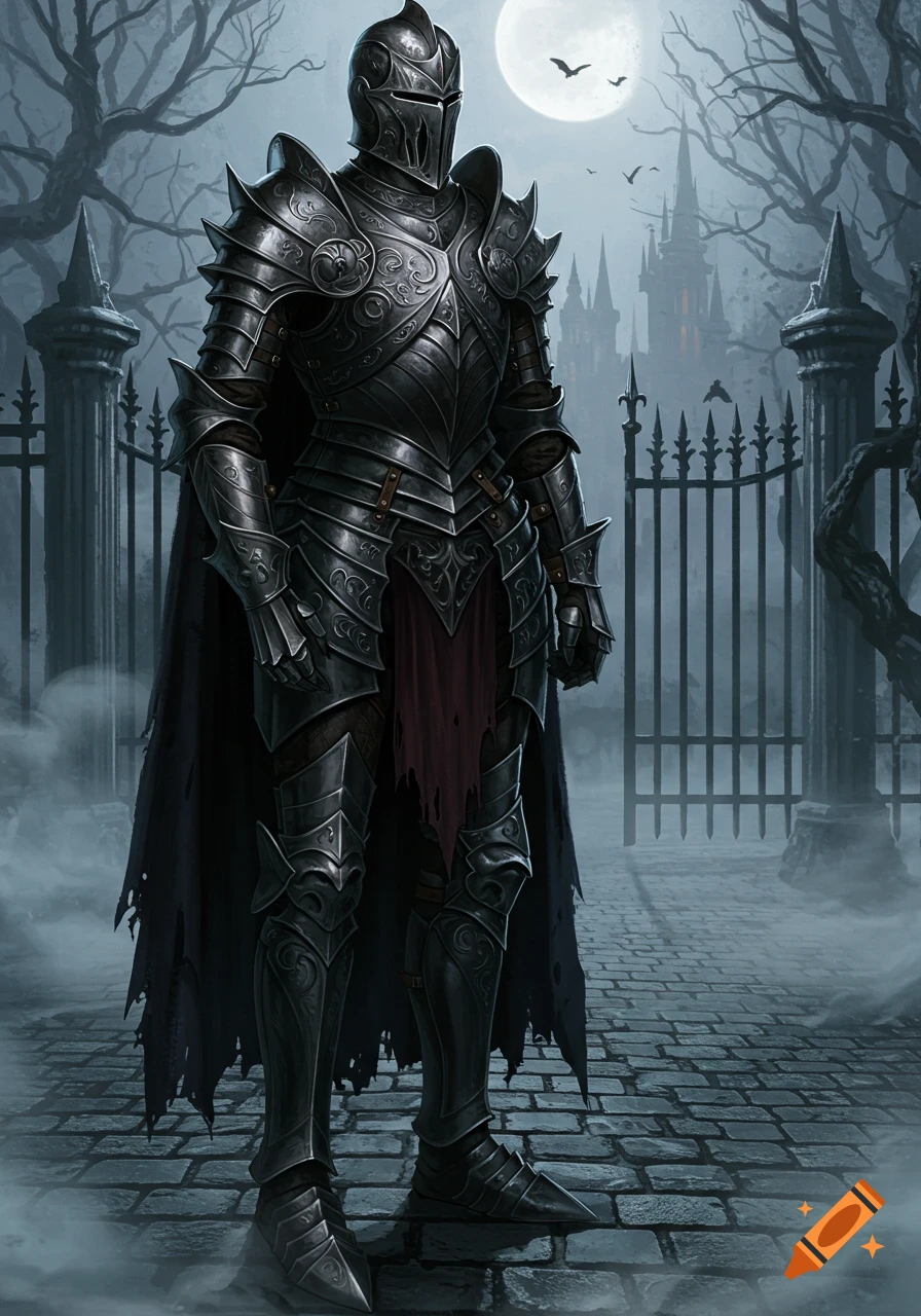 A dark knight in ornate full plate armor stands before gothic gates and a castle under a full moon with bats flying.