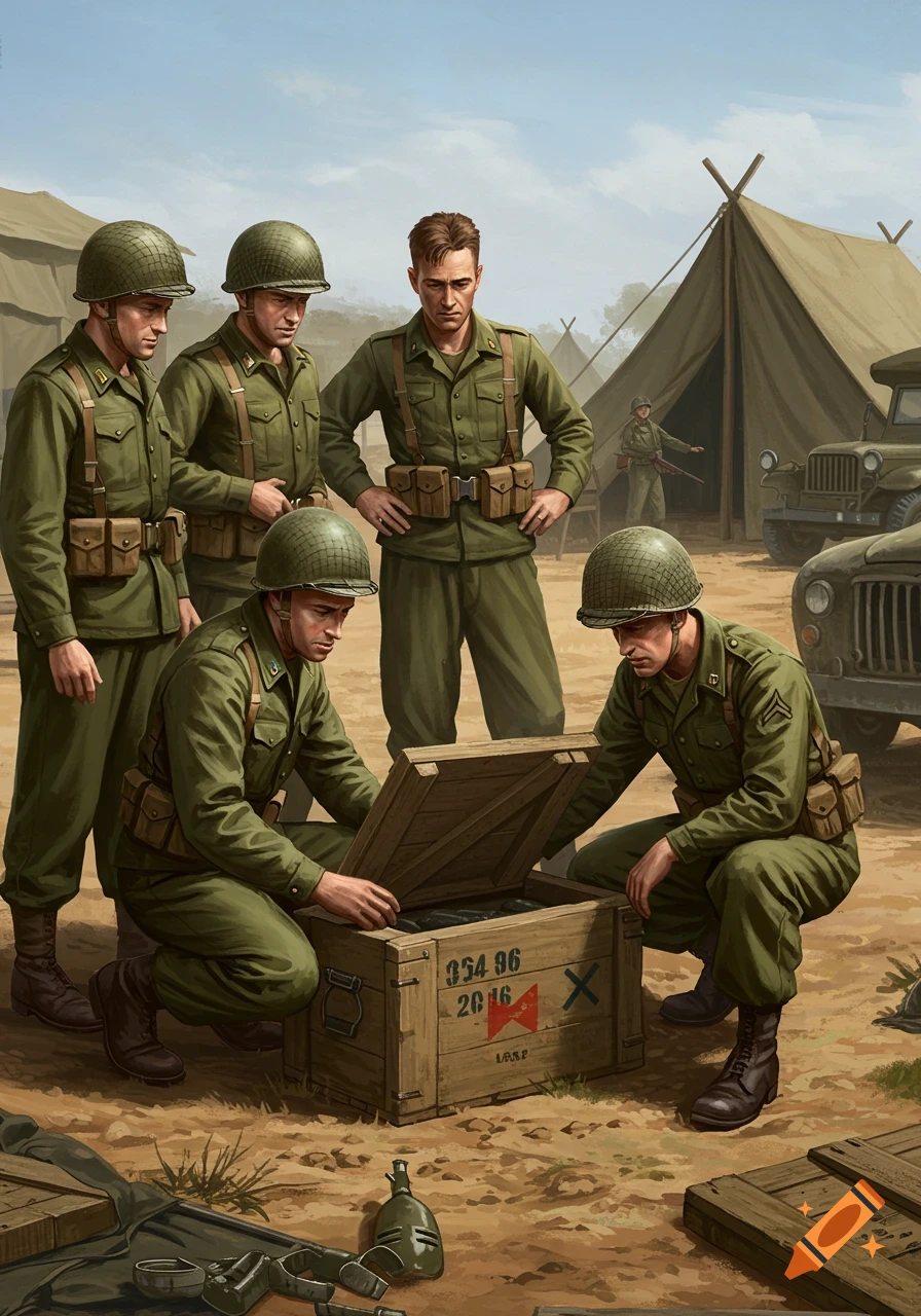 Illustration of 1950s soldiers in a military camp, opening a wooden crate of firearms.