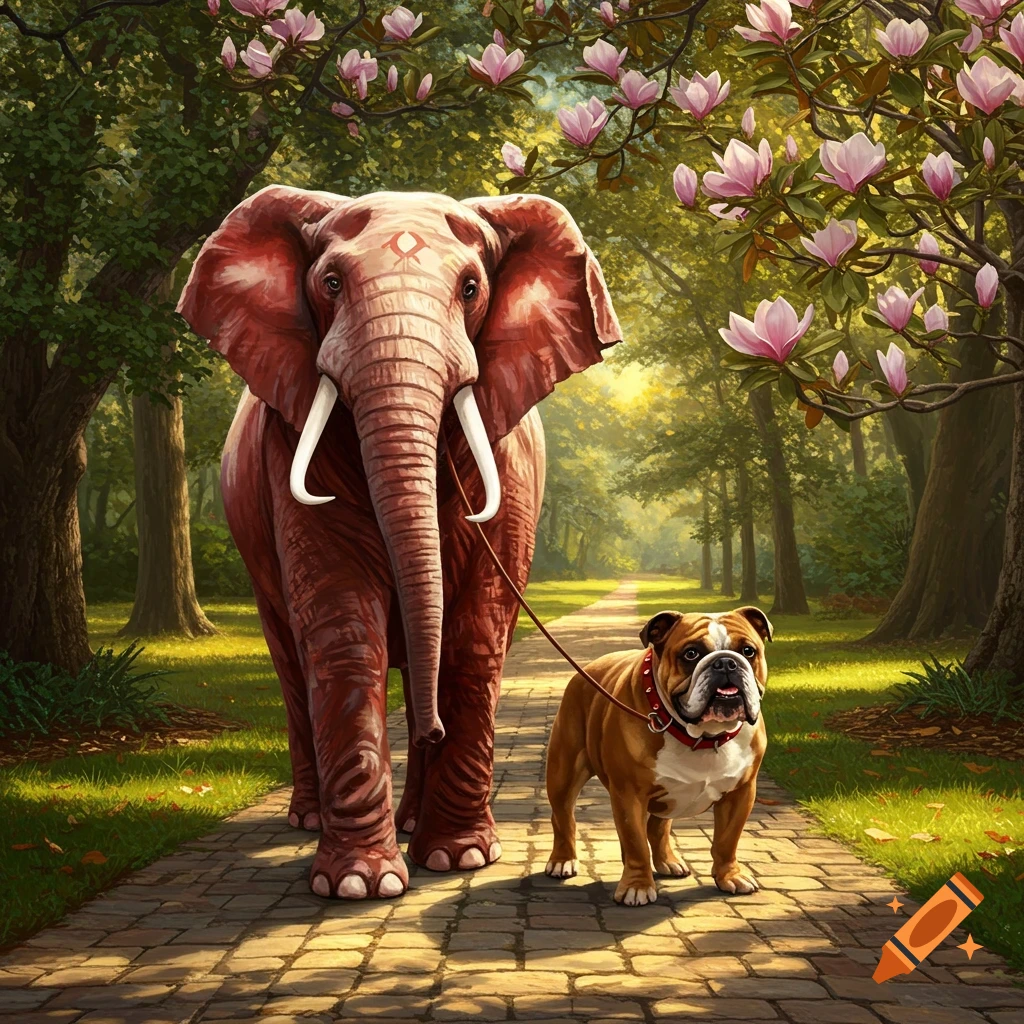 A large red elephant walks a brown bulldog on a leash down a cobblestone path in a lush, sunlit park with pink magnolia blossoms.
