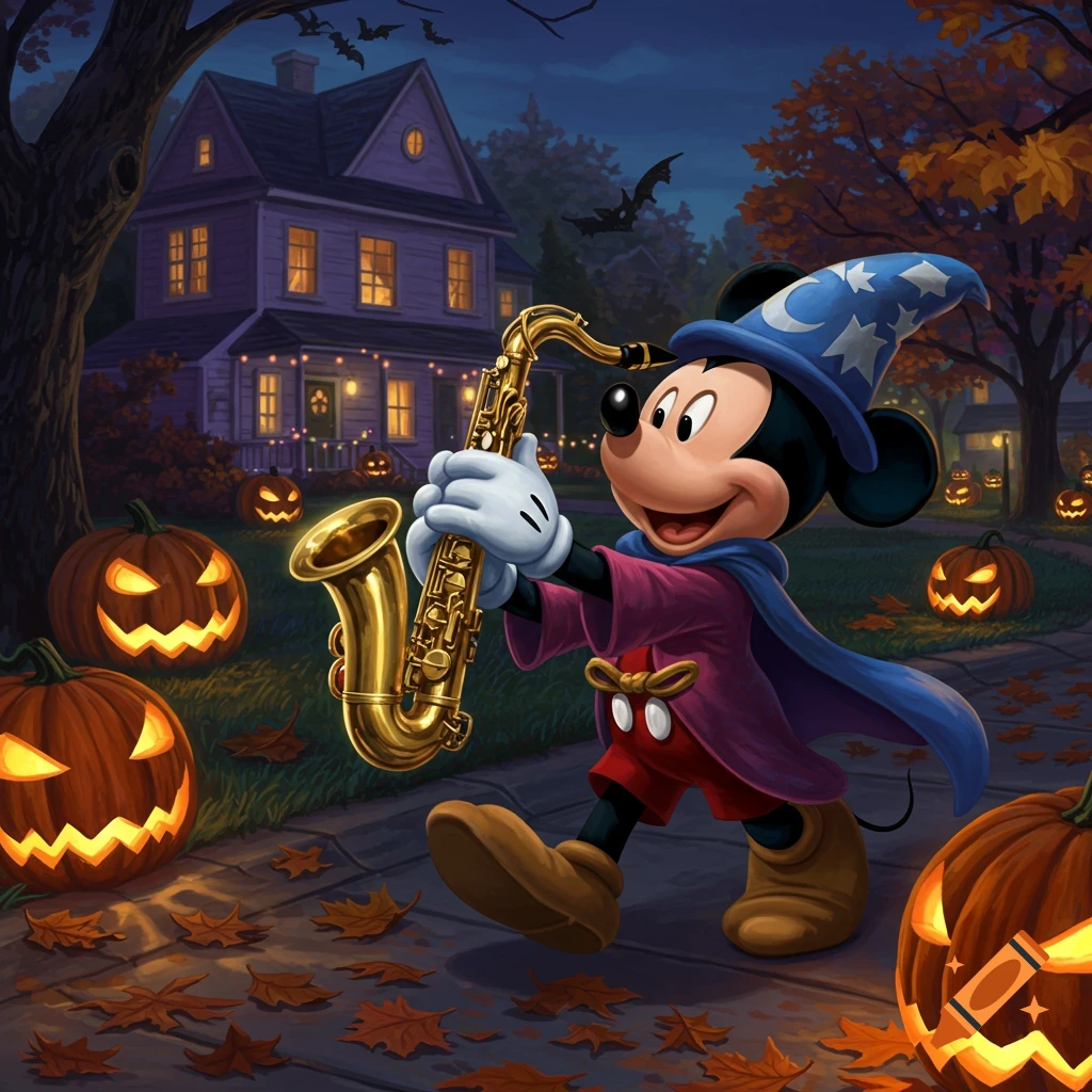 Mickey Mouse as a wizard plays a saxophone on a sidewalk filled with jack-o'-lanterns on Halloween night, a haunted house in the background. Cartoon.