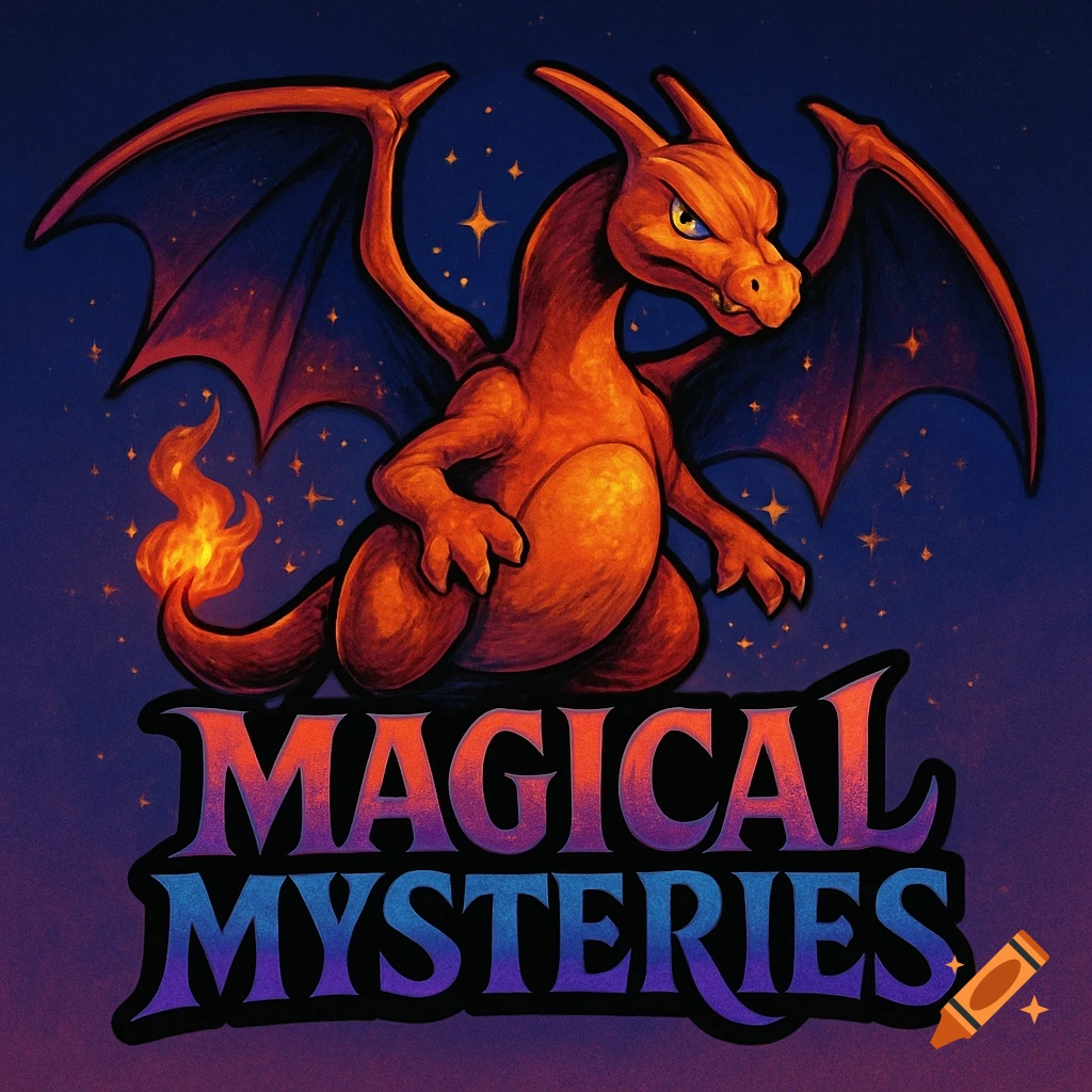A stylized orange Charizard with outstretched wings sits above the text 'Magical Mysteries' against a starry, dark blue and purple background.