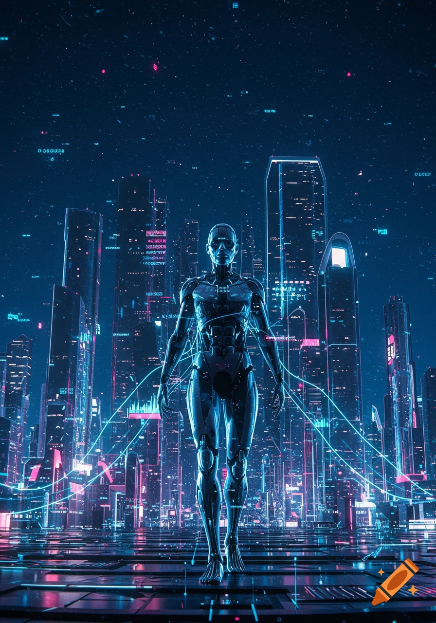 A metallic humanoid robot stands in a neon-lit futuristic city with glowing data streams.