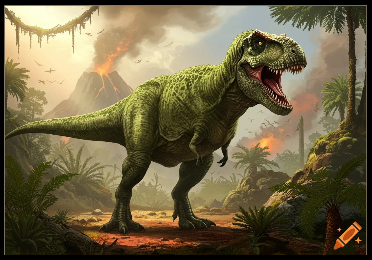 A large green Tyrannosaurus Rex roars in a lush prehistoric jungle with a smoking volcano in the background.