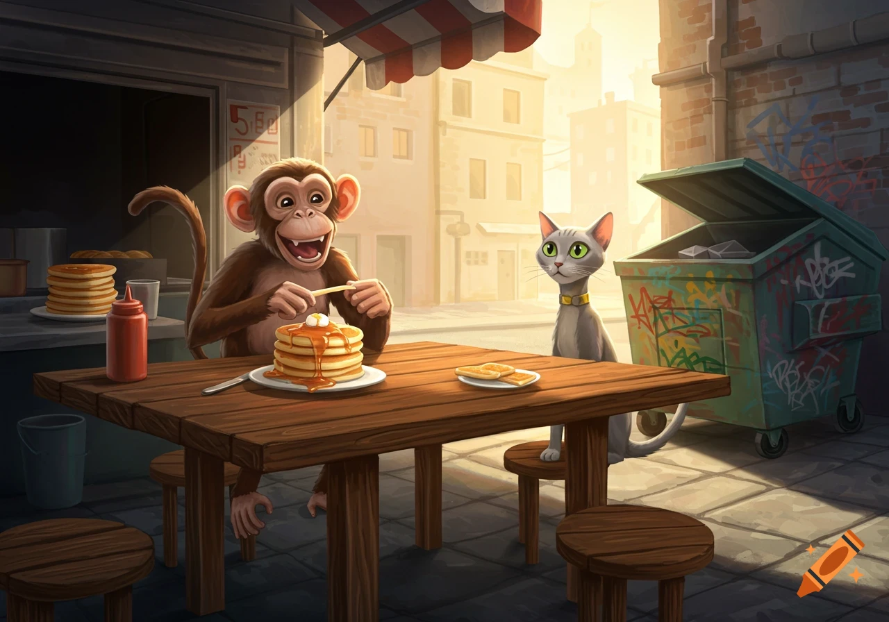 A smiling cartoon monkey eats pancakes at an outdoor table while a grey cat with green eyes sits beside a graffiti-covered dumpster in a city alley.
