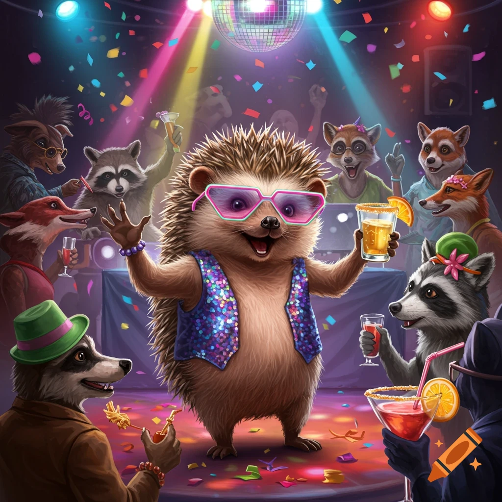 A hedgehog in a sparkly vest and pink sunglasses dances at a vibrant disco party, holding a drink, surrounded by anthropomorphic animals.