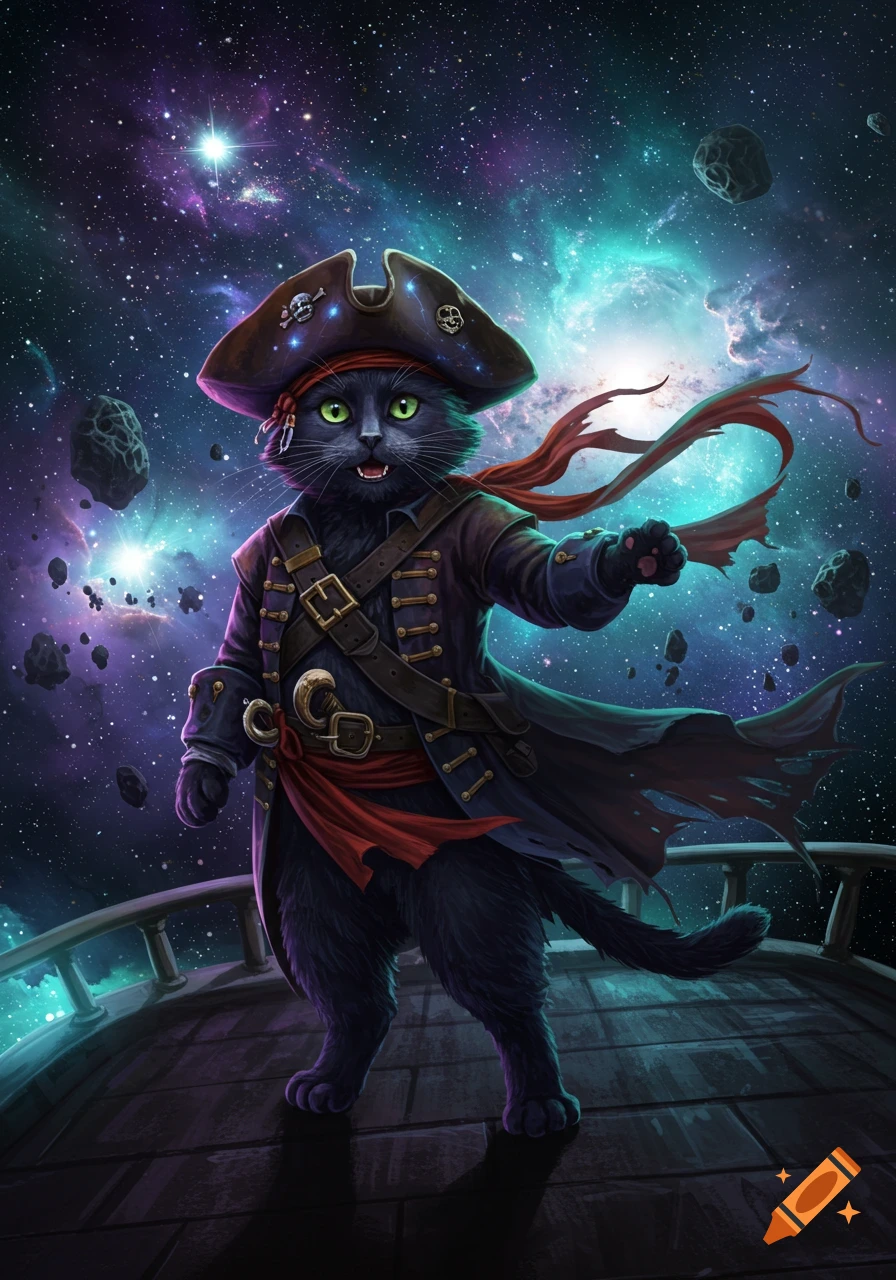 A black cat dressed as a pirate, wearing a tricorn hat and coat, stands on a spaceship deck in a vibrant galaxy with asteroids.