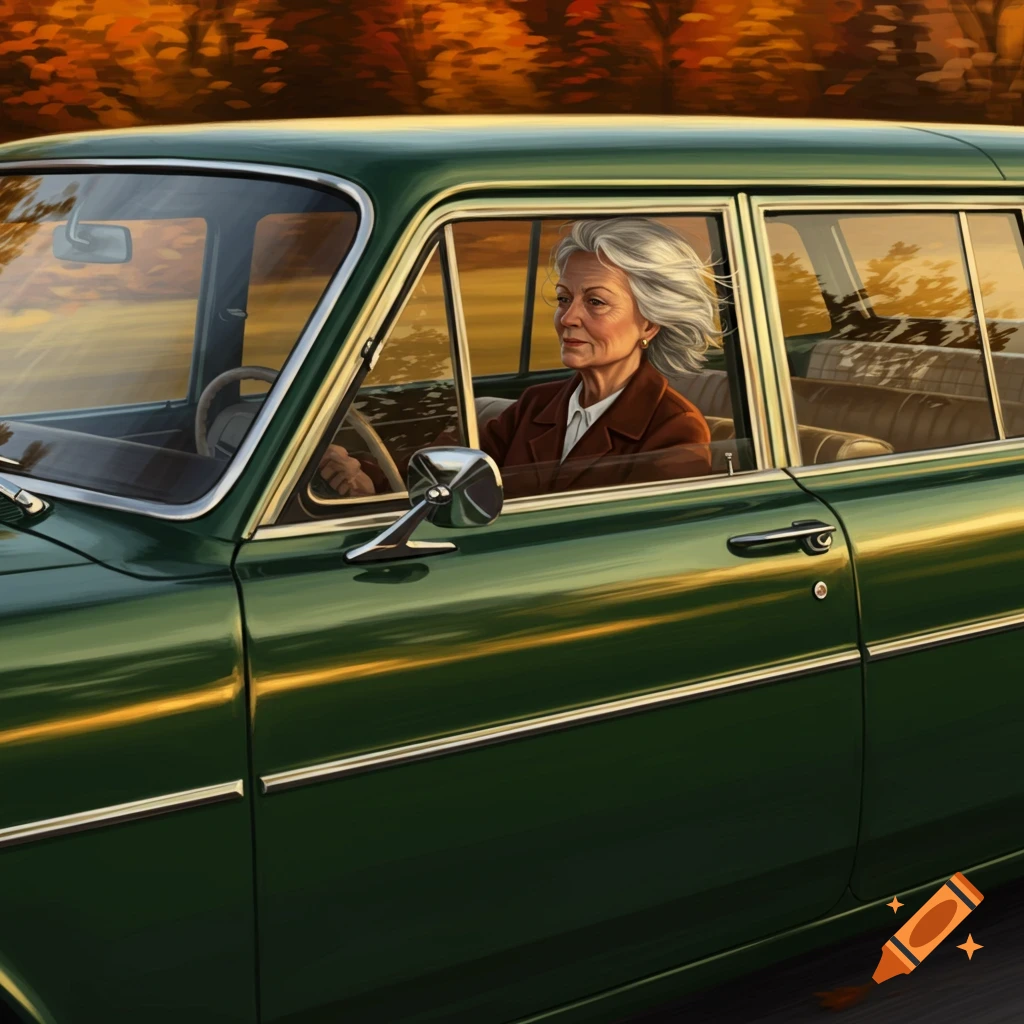 An elderly woman with white hair drives a vintage green station wagon past autumn trees, rendered in a realistic painting style.