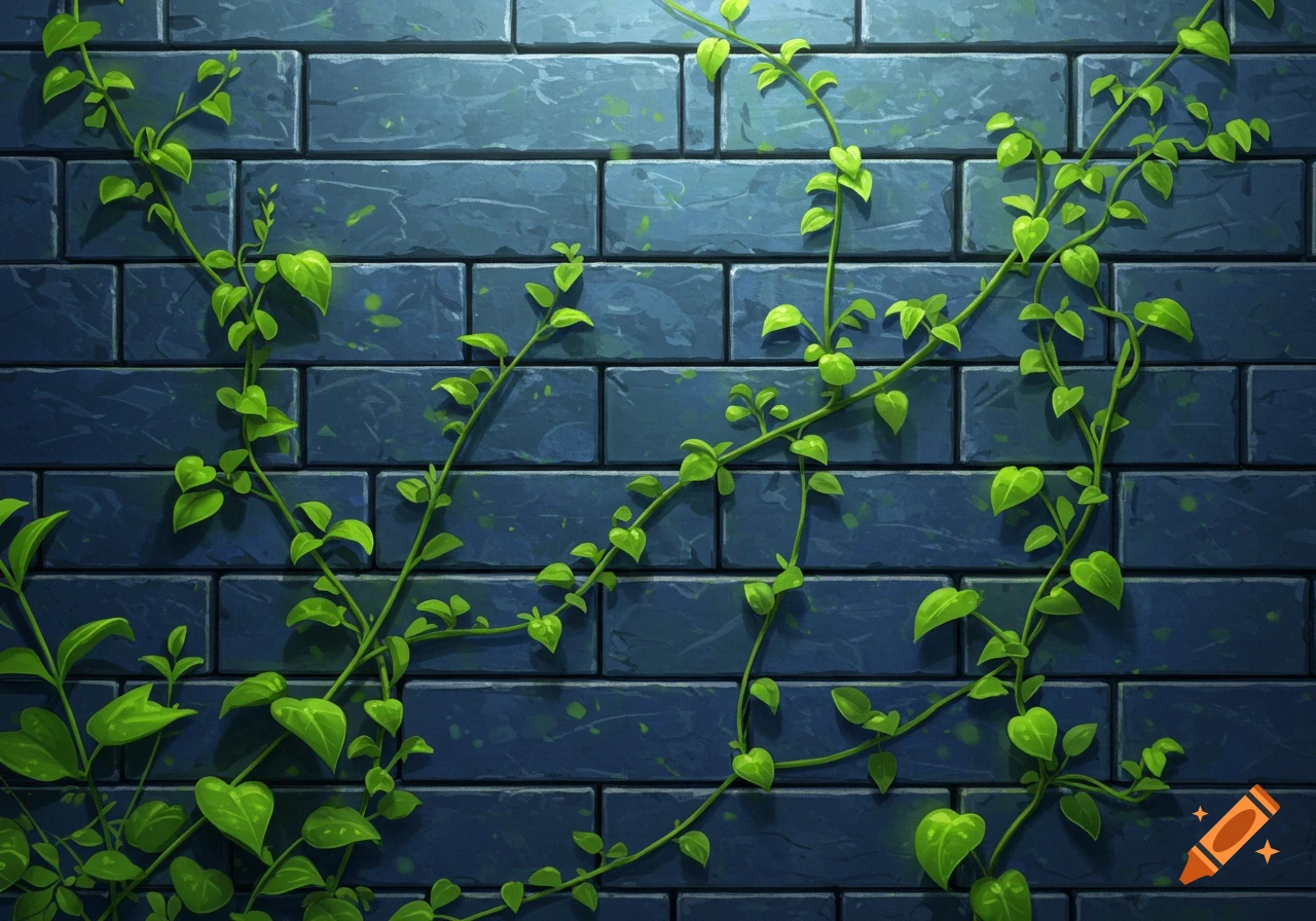Green vines growing on a textured dark blue brick wall, rendered in a digital art style.