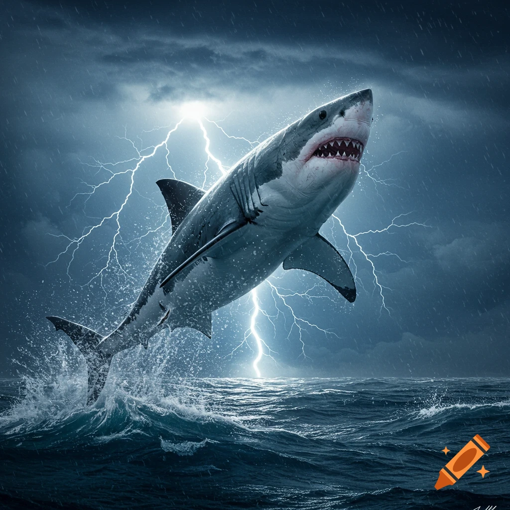 Photorealistic great white shark leaping from stormy ocean waves, illuminated by dramatic lightning in a dark, rainy sky.