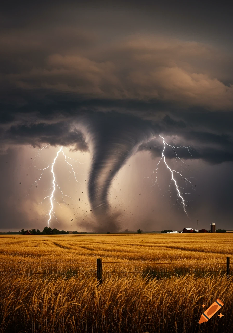A powerful tornado rips through a golden wheat field with lightning striking under a dark, stormy sky near farm buildings.