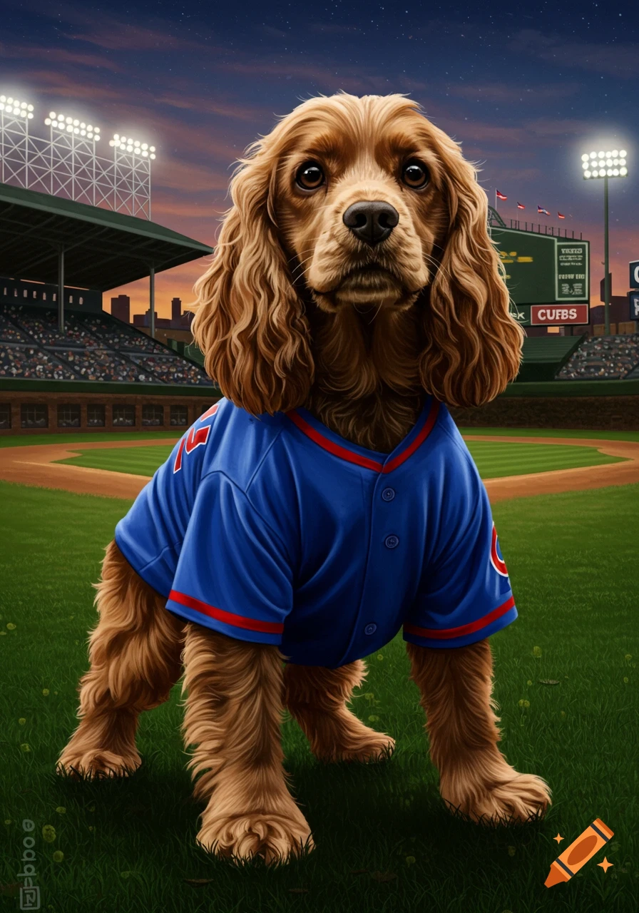 A photorealistic cocker spaniel wearing a blue Chicago Cubs uniform stands on a baseball field with a stadium at dusk.