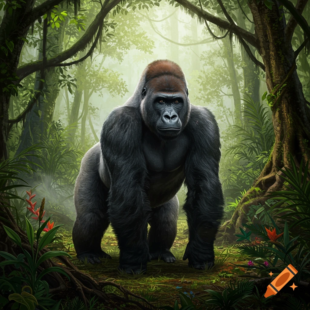A large, powerful gorilla stands alert in a lush, misty jungle environment.