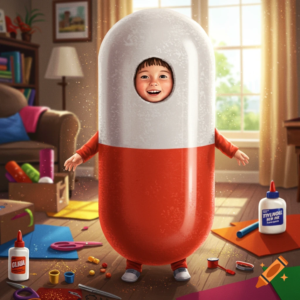 A smiling child in a red and white Tylenol capsule costume stands among scattered craft supplies in a bright room.