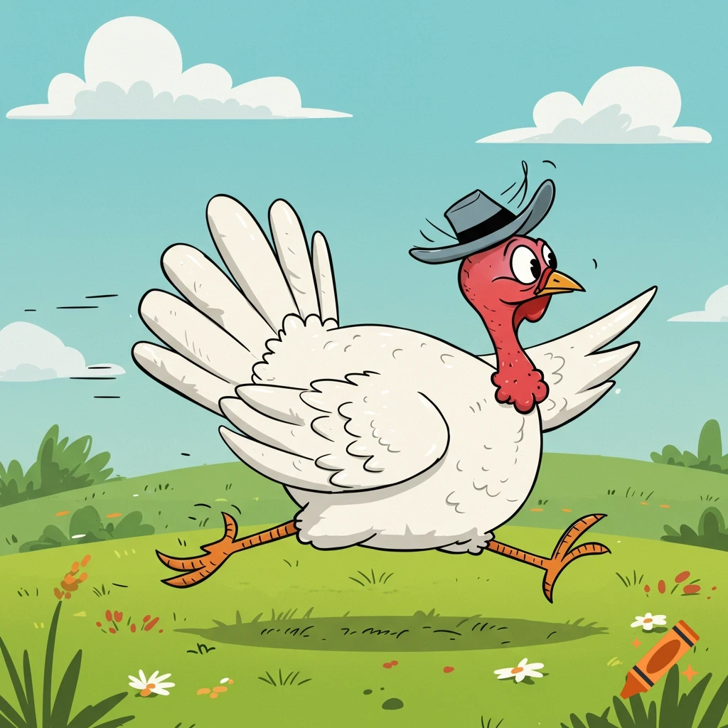 A cartoon white turkey with a red head and a gray hat runs across a green grassy field under a blue sky with clouds.