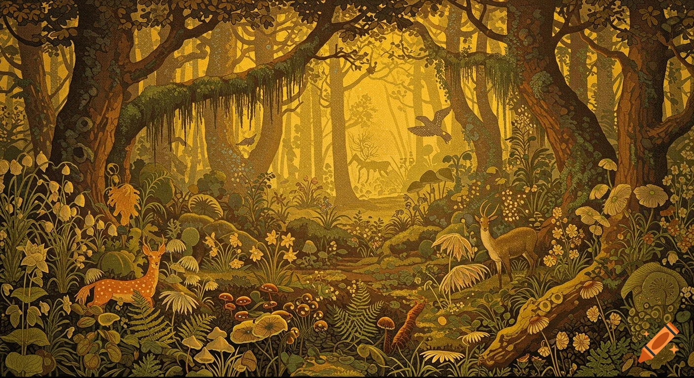 Vintage chromolithograph of a dense, golden-yellow forest with deer, birds, and intricate, stylized flora.