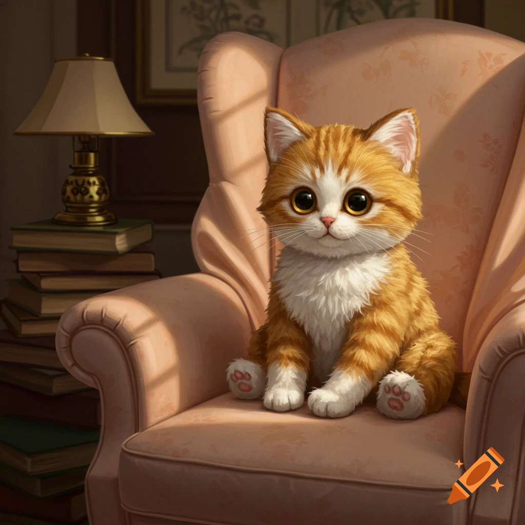 A cute, fluffy orange and white kitten with big eyes sits on a pink armchair next to a stack of books and a lamp.