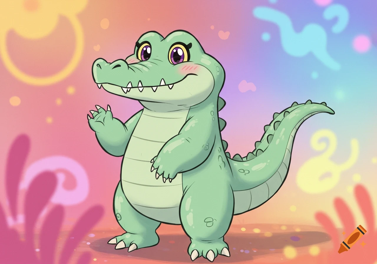 A cute, feminine cartoon crocodile with big eyes and pink cheeks waves, set against a colorful, blurry background.